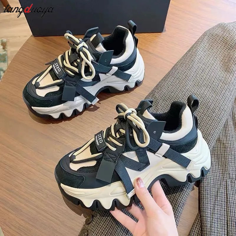 platform sneakers Women\'s Chunky Sneakers Black brown Platform Tennis Shoes for Women Thick Bottom Breathable Sports Dad Shoes