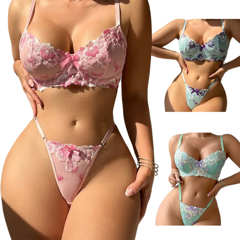 Embroidery Pink Floral Romantic Embroidery Sexy Lingerie Set Deluxe Aeshetic Underwear in Good Quality Seductive