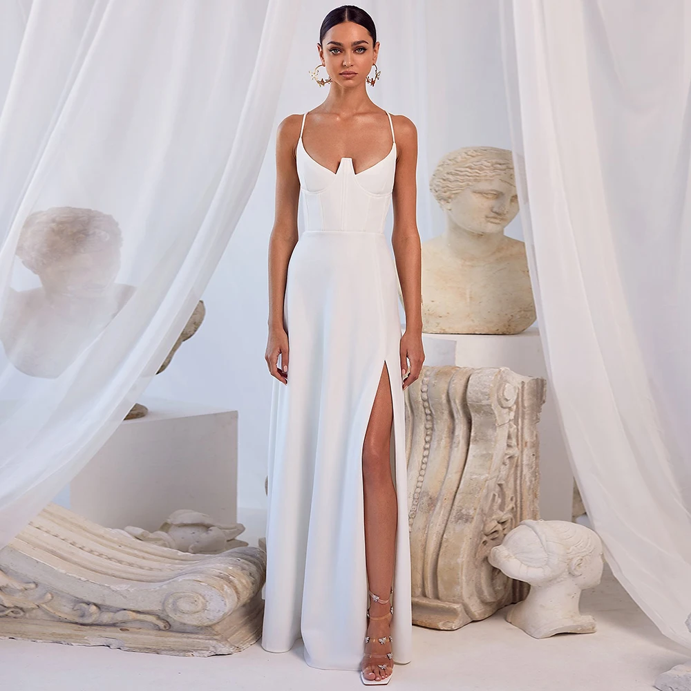 

Sexy Evening Dress A Line Floor Length Spaghetti Straps Modern Gown Long Sleeveless Thigh Slit Backless White Party