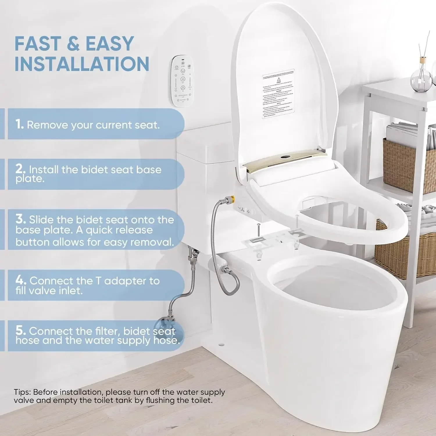 LEIVI Asiento de inodoro inteligente para bidé con control remoto inalámbrico y panel lateral, múltiples modos de pulverización, asiento calefactable ajustable, agua caliente