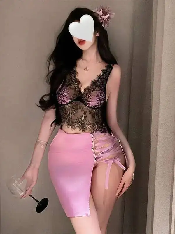 مثير المثيرة ناضجة العميق الرغبة النقية الدانتيل شبكة شفافة عارية الذراعين العميق الخامس الحمالات أكمام ملفوفة الأرداف فستان YB5P