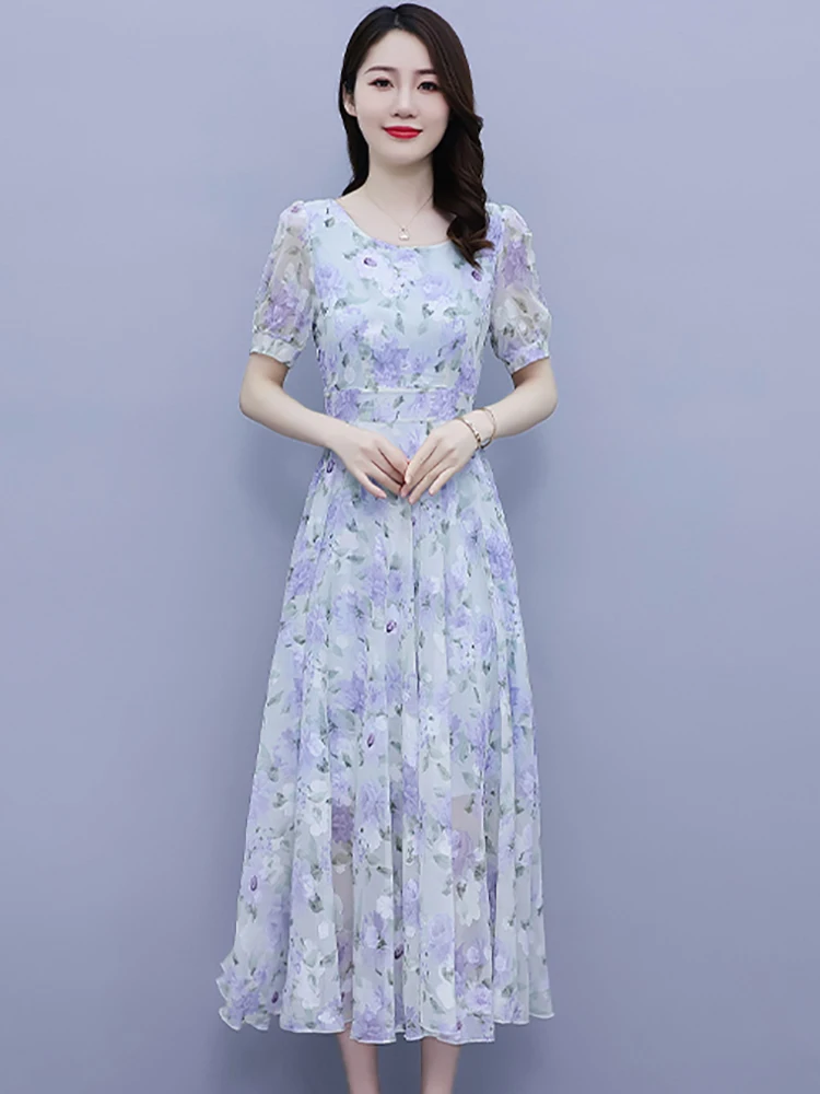 Casual Floral Chiffon Boho Beach Long Dress Summer Women Elegant Bodycon Prom Dress 2024 Korean Chic Party Evening Midi Vestidos