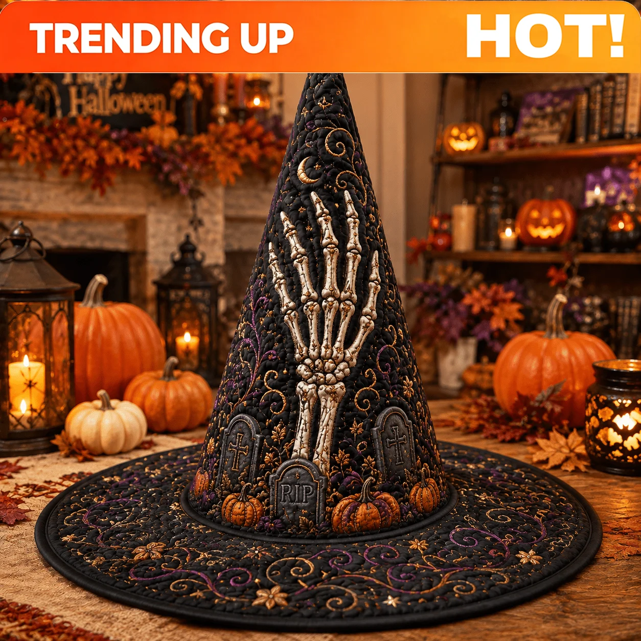Customization Halloween Witch Hat For Women, Skeletal Hand, Pumpkin And Grave Marker Pattern, Distinctive Witch Hat Shape, Quilt