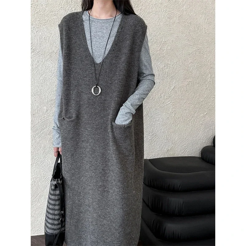 Vestido colete de malha feminino decote em v profundo fino preto com bolso grande inverno aconchegante em camadas midi para trabalho, casa, presente de feriado