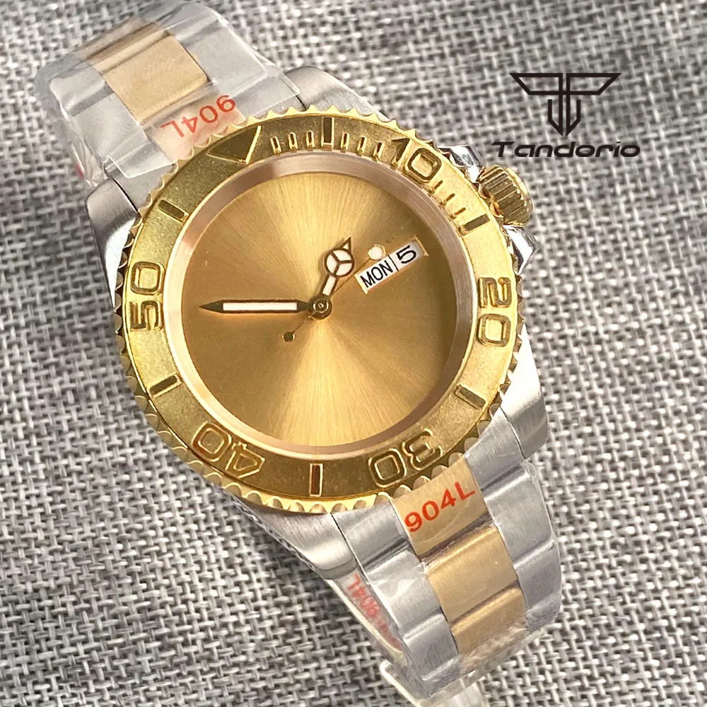 24 Jewels NH36A Sterile Gold Sunburst Dial Date Weekday 40mm Automatic Men's Watch Steel Insert Sapphire Glass Two Tone Bracelet