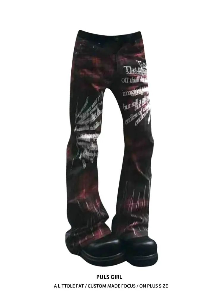 

plus Size American Street Style Denim Pants Women's Punk Design Printed Letter High Waist Knife Bend Long Trousers Trendy