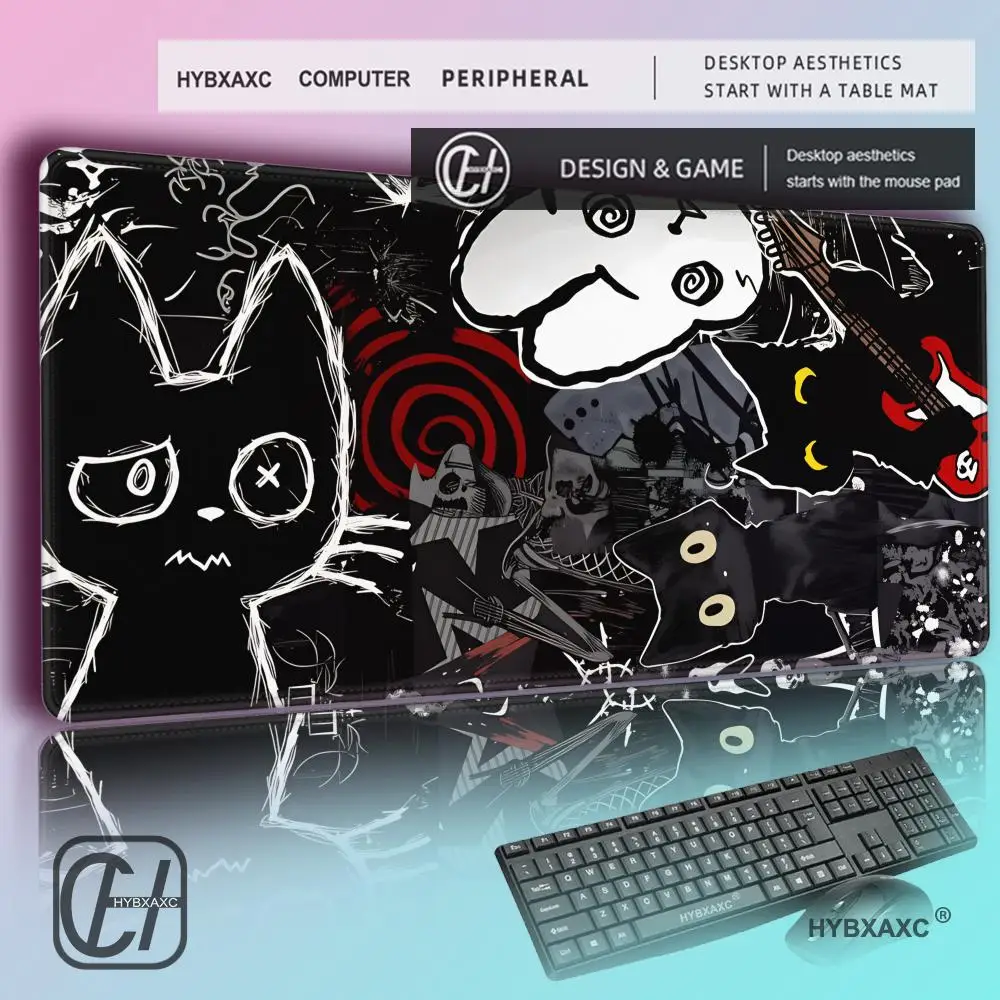 

HYBXAXC Black Cat illustration Mouse Pad Large Game Table Mats Rubber Non-Slip Keyboard Mausepad HD Computer Long Desk Mat