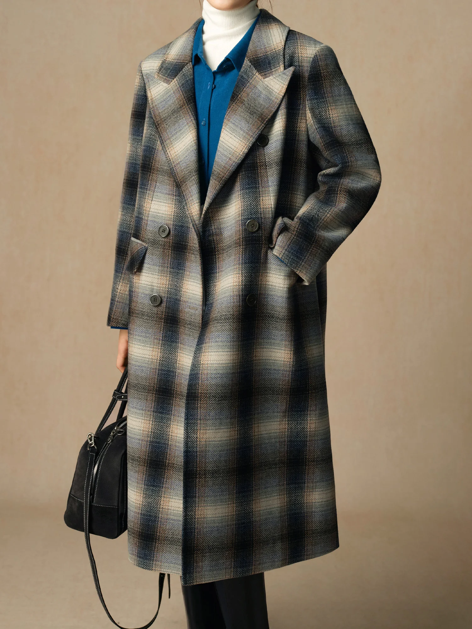 DUSHU 49.5% Wool Women Long Plaid Coats Notched Collar Design Office Lady Winter Blue Brown Plaid Straight Wool Coat 24DS84142