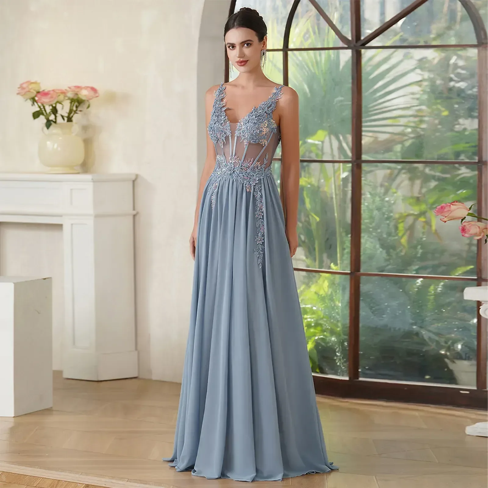 New sexy backless Evening dress Chiffon Decal A line transparent V-neck backless long formal  pageant party ball dress