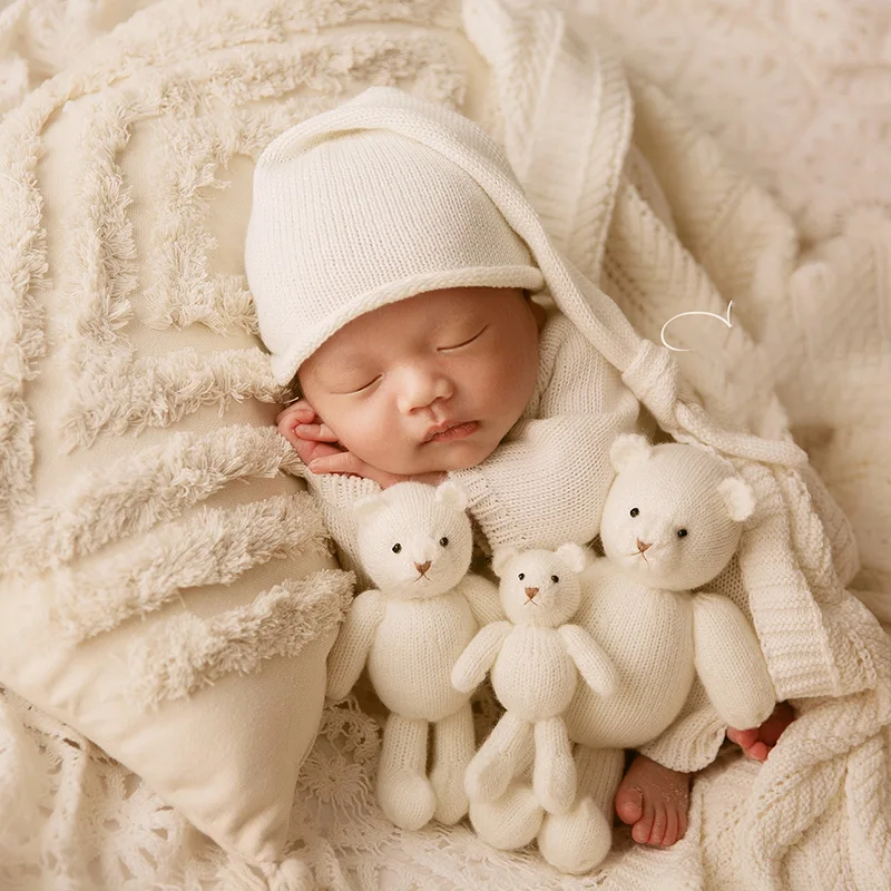 0-1 Maand Baby Meisje Fotografie Outfit Rekwisieten Gebreide Jumpsuit Hoed Beer Pop Pasgeboren Poseren Kussenstudio Baby Fotoshoot Rekwisieten