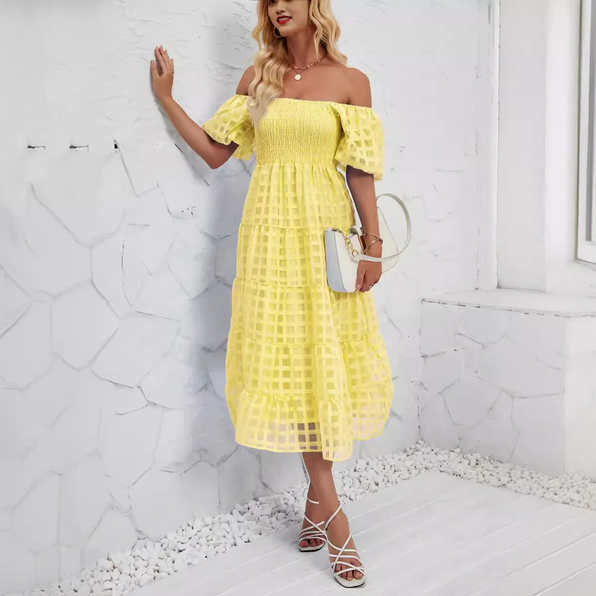 Robe trapèze longue à manches courtes pour femmes avec doublure, tenue de plage superposée, style vacances, été