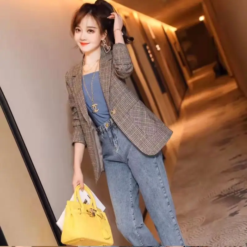 Spring Autumn Plaid Blazer Jacket Ladies Korean Style Office Slim Long Sleeve Pocket Jacket Casual Traf Ropa Mujer Blazer Women