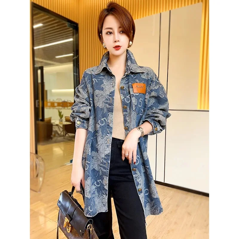 Cowboy shirt jacket for women autumn 2024 new fashion retro casual printed loose plus long sleeved top