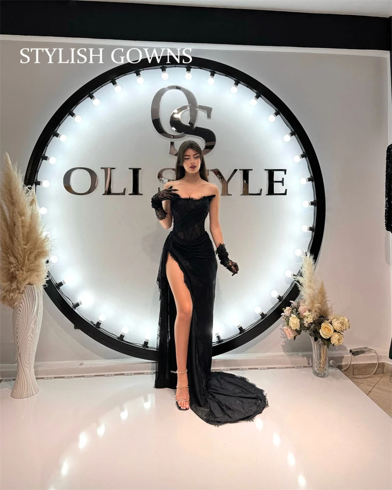 Black Strapless Evening Dresses Beautiful Women Dress Pleats Lace Birthday Prom High Slit Special Occasion Dress Customized