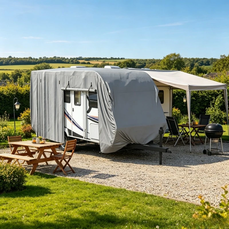 Housse pour caravane 670 × 250 × 220 cm, tissu non tissé 3 couches, portes latérales zippées, sangles coupe-vent, housse de protection pour camping-car, caravane et remorque, anti-poussière, anti-oiseaux, gris