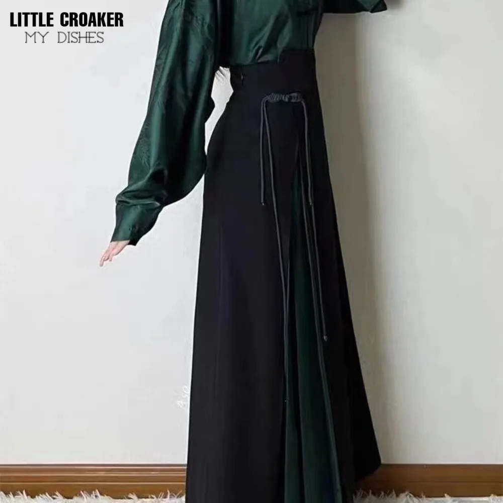 Wonens Fashion Outfit Shirts + Horse Face Skirt Two Piece Set Green Jacquard Satin Long Sleeve Shirt + Patchwork Long Skirt Set