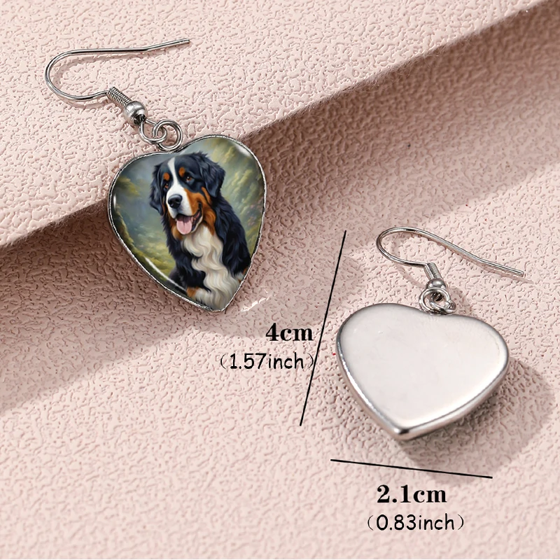 2024 New Bernese Mountain Dog Dangle Earring Heart Shaped Earrings Handmade Glass Dome Jewelry view 5