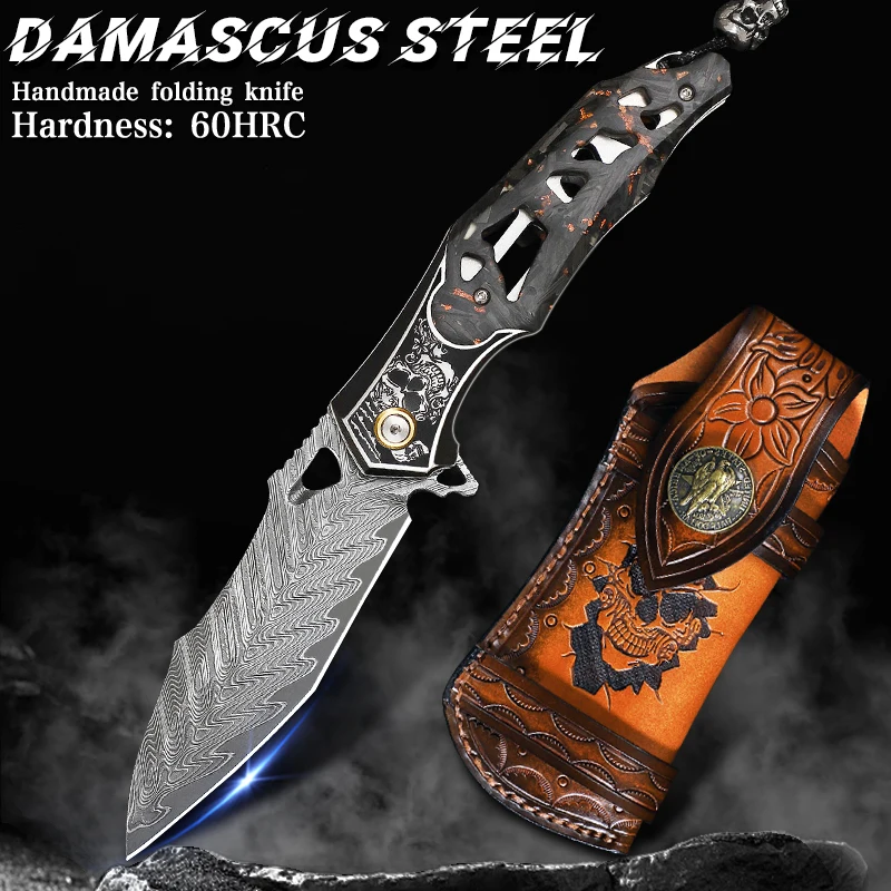 Men's Folding Pocket Knife, Damascus Steel Blade, Leather Sheath and Pocket Clip, Outdoor Adventure, Hiking Camping EDC Knife