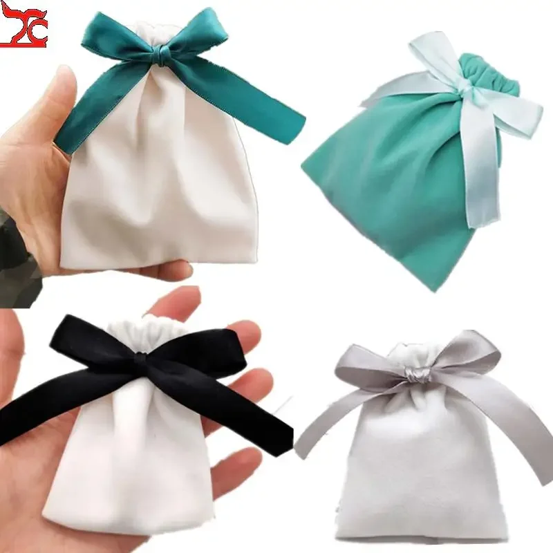 Good Velvet Pouch Bag with Ribbon Gift Bags Drawstring Pouches Jewelry Sack Packing Eyelashes Makeup Thanksgiving Gifts 50Pcs