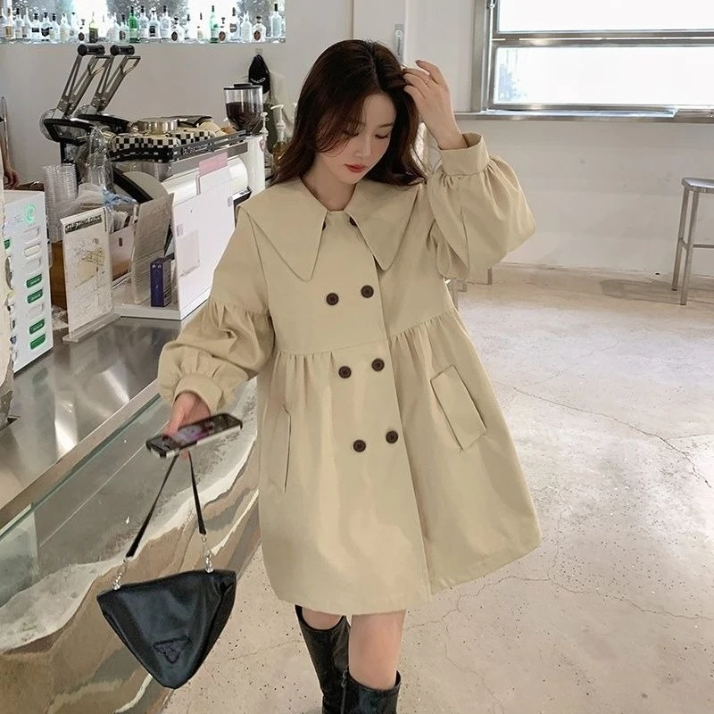 

​ Тренч для похудения в японском стиле для миниатюрных дам, легкая верхняя одежда с рукавами-фонариками и рюшами на весну и осень ​