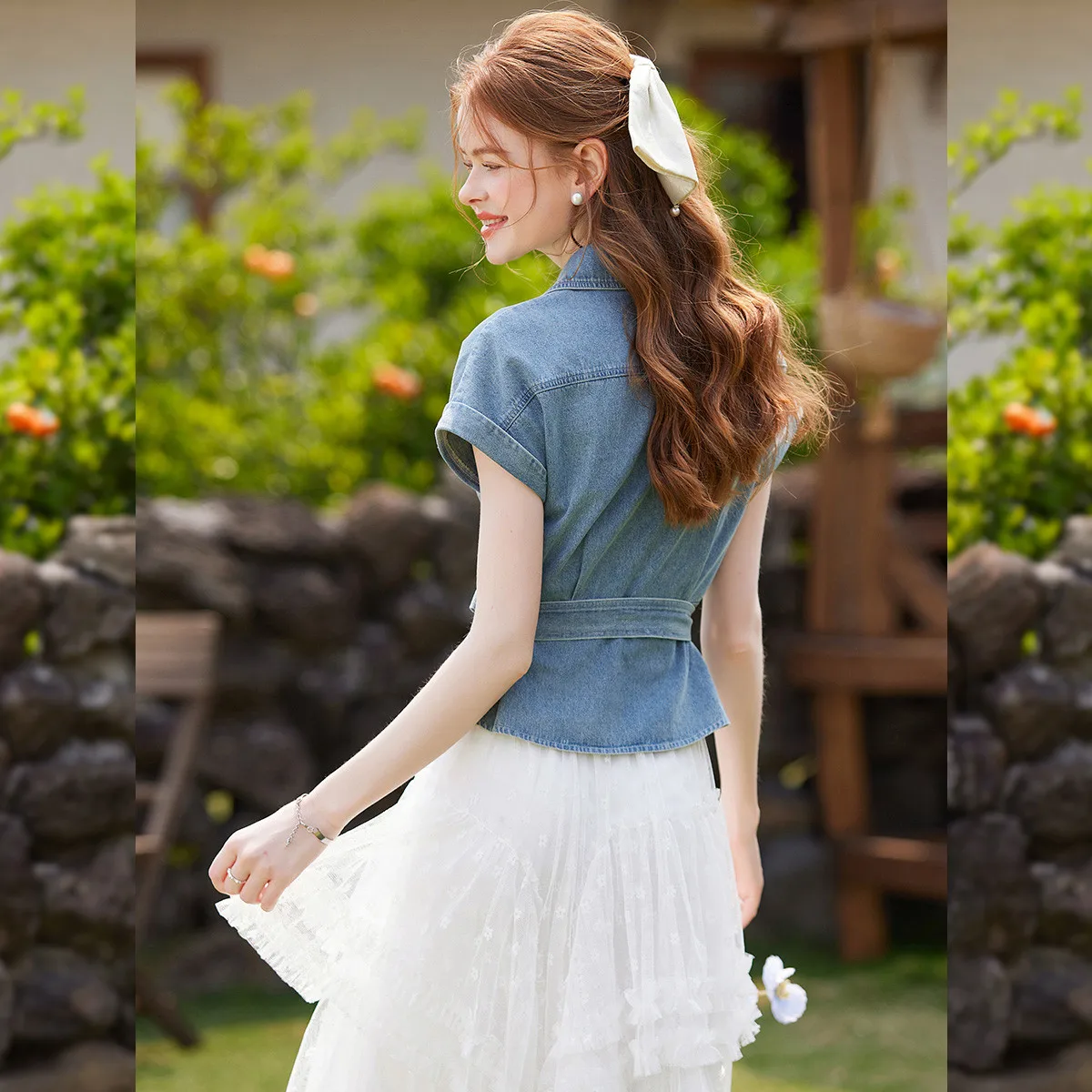 LOUIS YAO قميص دينيم 2025 حزام قابل للإزالة الصيف المرأة بلايز عادية زر معدني التلبيب قميص بأكمام قصيرة #5