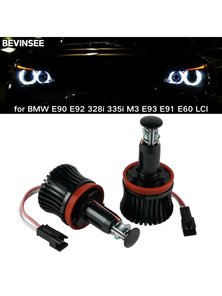 2szt LED Angel Eyes do BMW E90 E92 328i 335i M3 E93 E91 E60 LCI, H8 Żarówka Halo Marker Lights 40W 6000K Biała 12V — 2