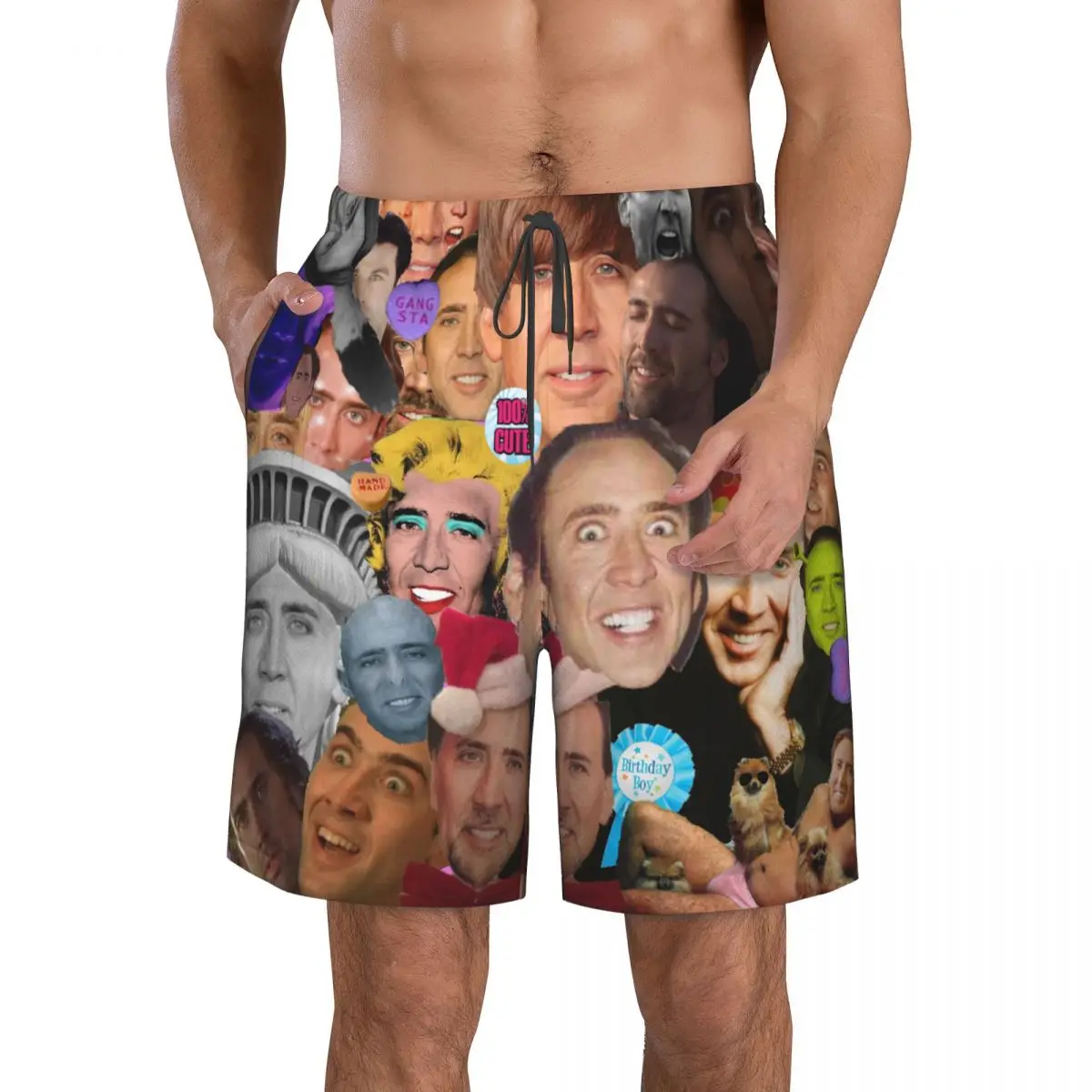 Funny Nicolas Cage Face Collage Fast Dry Trunks For Men Summer Beachwear Swimsuit Low Waist Shorts