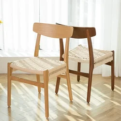 Retro Solid Wood Rope Dining Chair Modern Minimalist Home Woven Makeup Stool Nordic Rattan Back Chair Living Room Furniture New