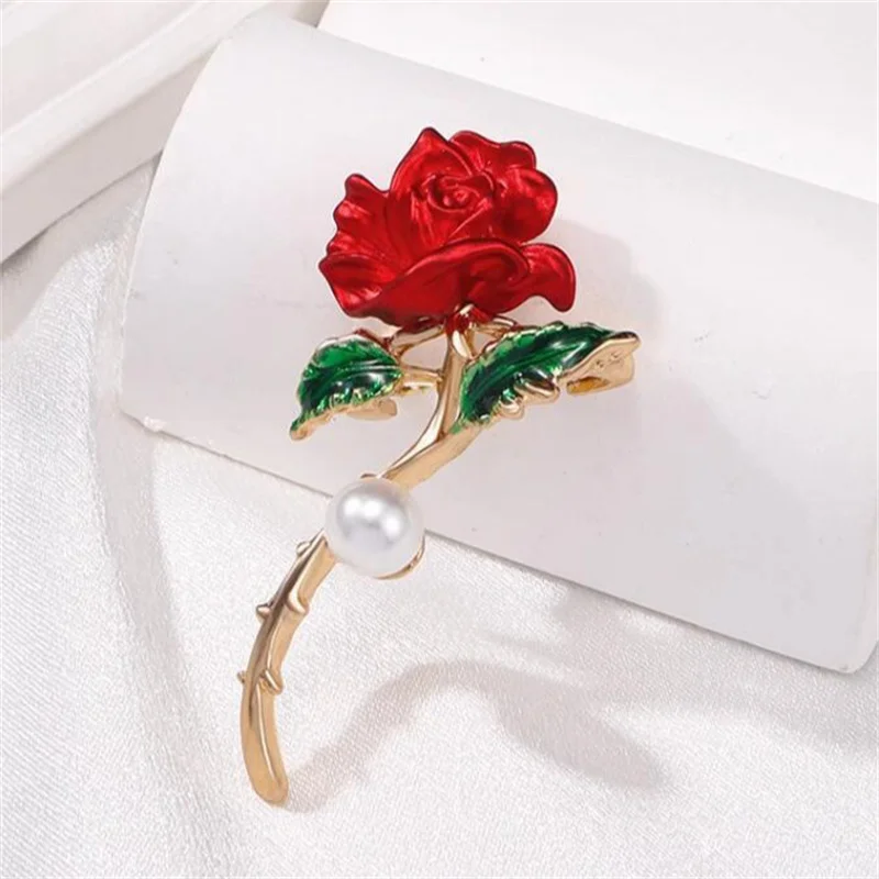 Elegant Temperament Red Rose Pearl Brooch Pins For Women Fashion Enamel Flower Corsage Wedding Party Jewelry Accessories Gift image 2