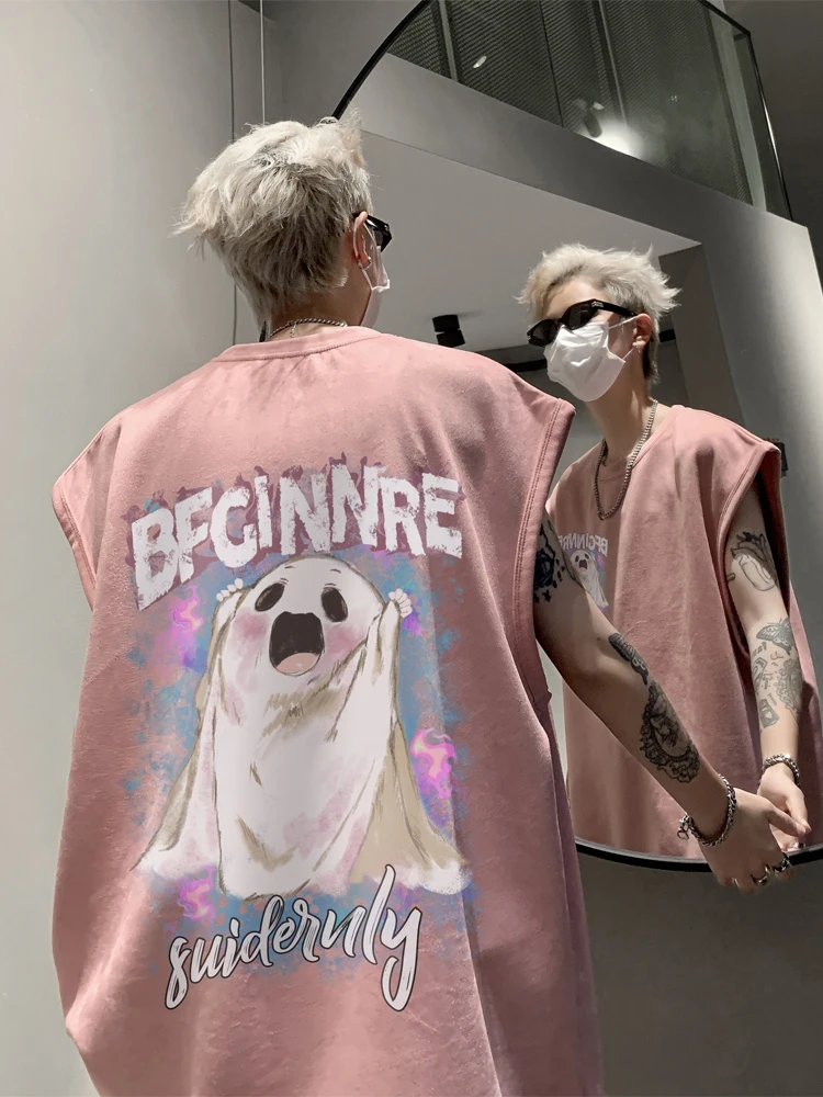 

Pink Suede Men's Svel Vest Loose Fit Summer New Sle Trendy Brand American Bal T-irt Polyester Fiber round Ne