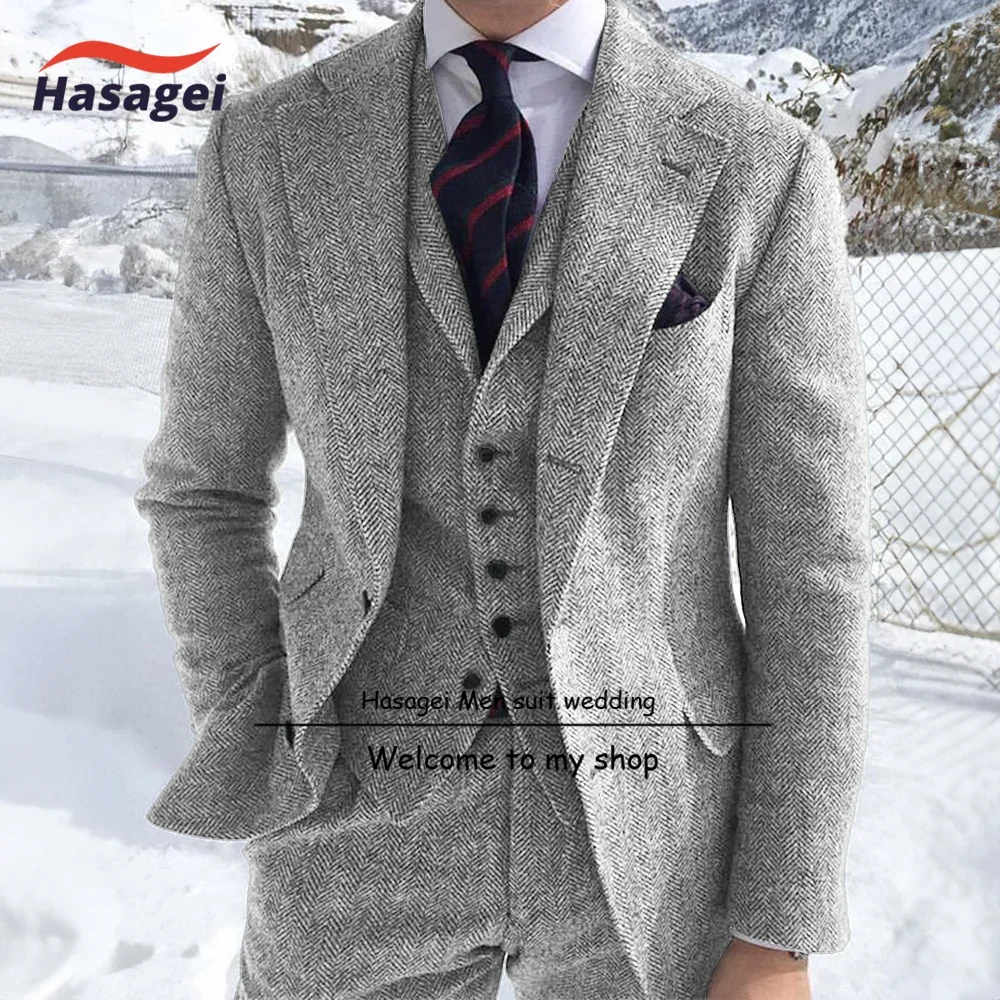 Tweed Men Suits For Winter ,Wedding Formal Sports Suits Jacket 3 Piece Herringbone Man Outfits Set (Jacket +Waistcoat+ Pants)