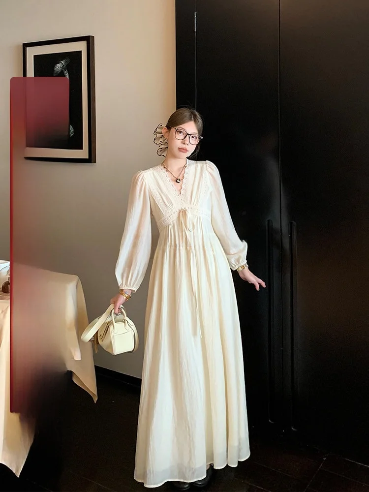 

Luu Tassel V-ne Lace Dr Women's Autumn Inner Long Sve White Design Long Dr Korean Sle Commute Lace Splicing A-li...