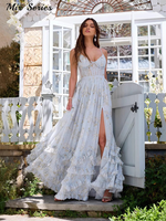 Elegant Print Split Dress Women's Waist Cinching Ruffle Hem Sleeveless Sling Long Dresses 2025 Summer New Lady Vacation Robes