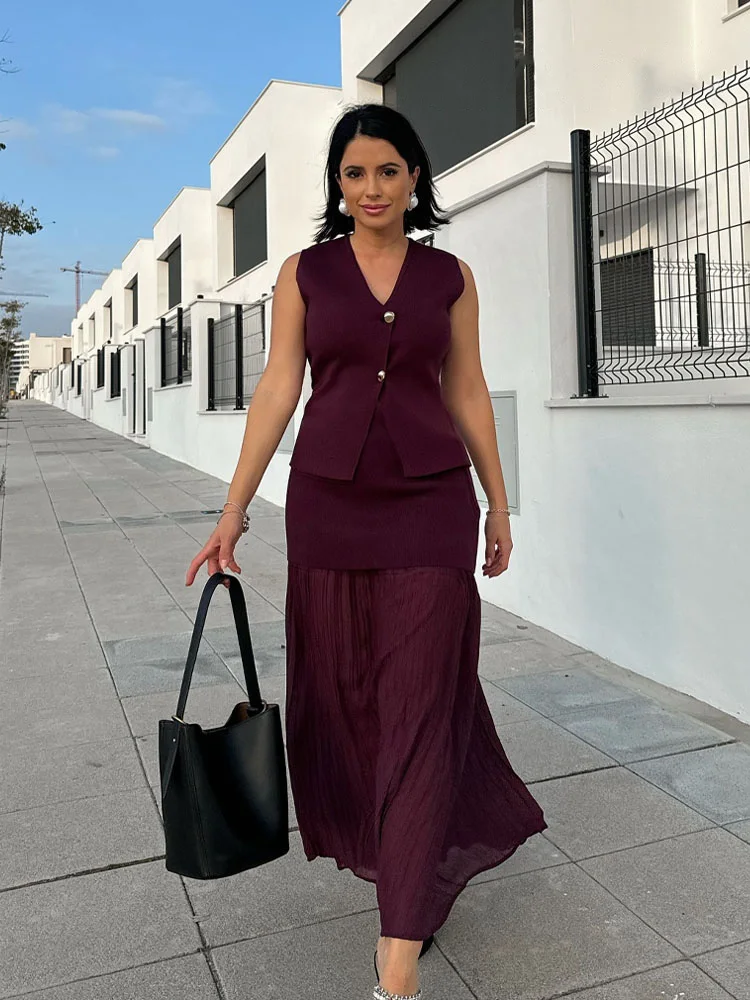 HH Women 2 Piece Set Chic V-Neck Sleeveless Button Knitted Vest Top+Splicing High Waist Side Zipper Ankle-Length Skirt