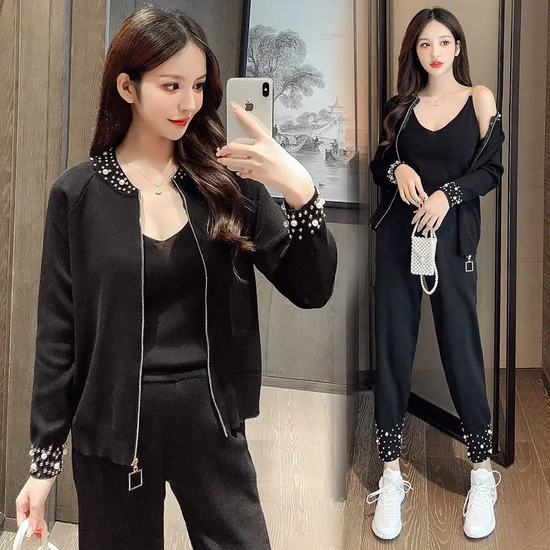 

2024 Autumn and Winter New Suit Korean Casual Fashion Knit V-neck Cardigan Wide Leg Pants Elegant Women's Pants E1459