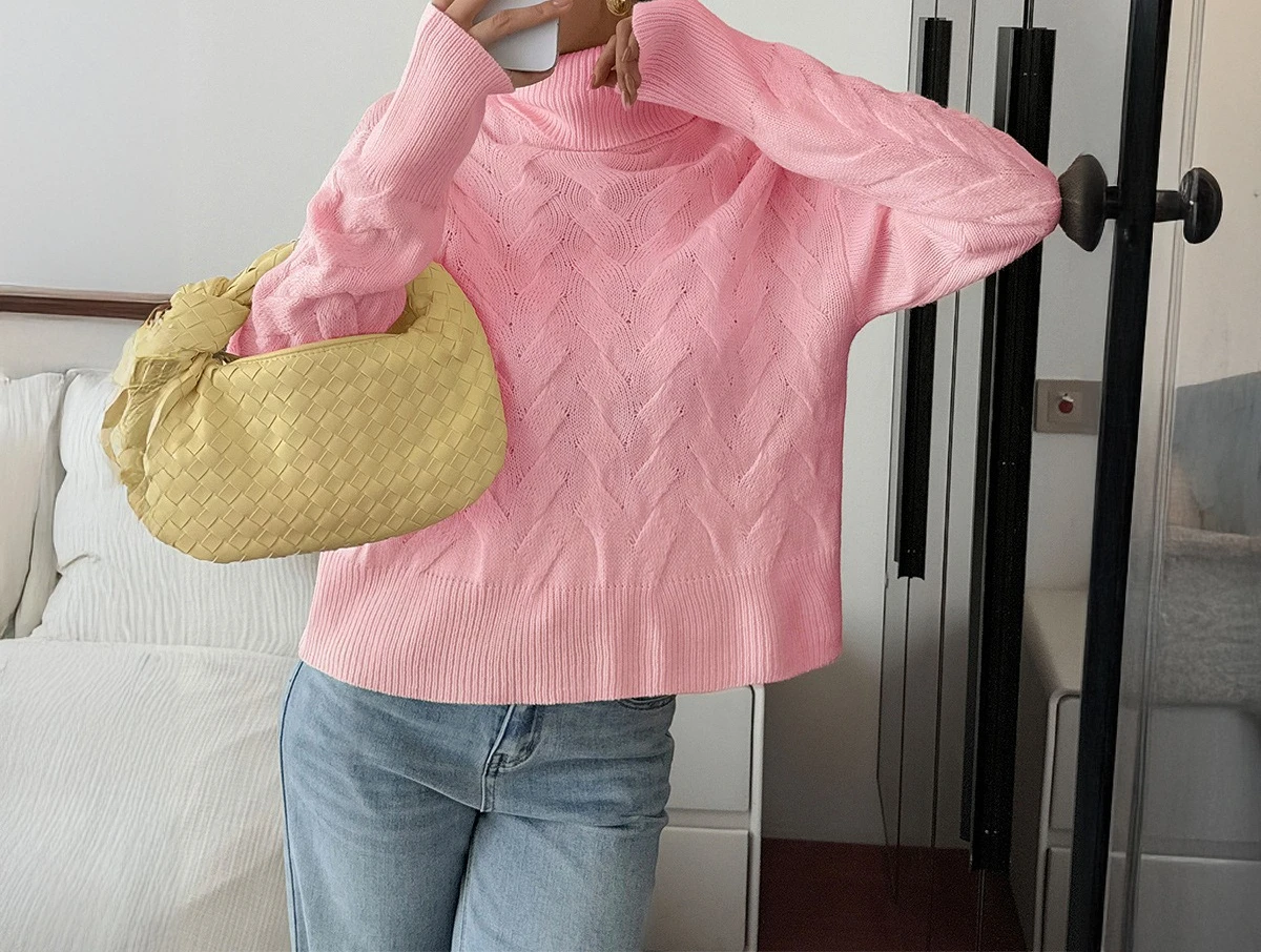 

High Neck Casual Solid Color Woolen Long Sleeved Sweater for Women Autumn/winter 2025