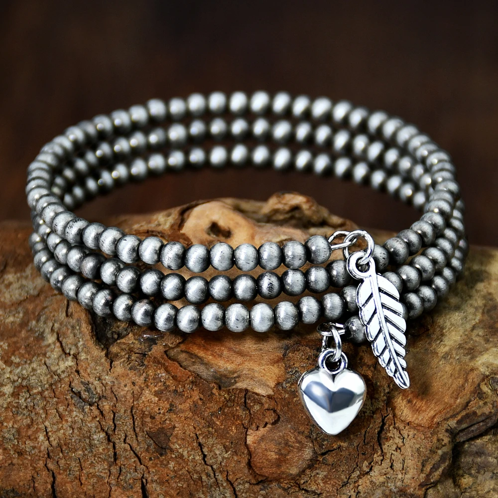 Yumfeel New Navajo Pearl Triple Layer Beaded Bracelet Western Style Vintage Cowgirl Heart Charm Bangles