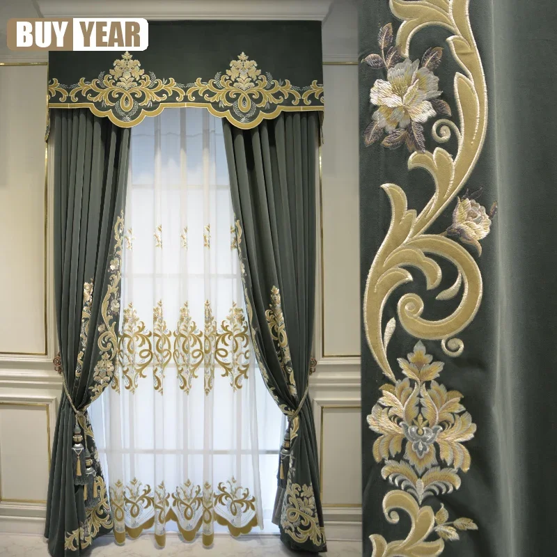 

Luxury European French Flannelette Embroidery Flowers High-end Atmosphere Curtain For Living Room Bedroom Customized Curtains