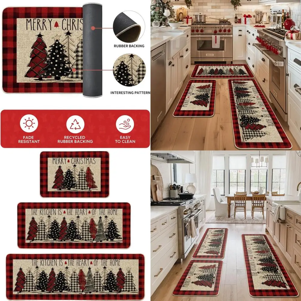 

Red Buffalo Plaid Christmas Tree Kitchen Mats Set of 2, Festive Low-Key Winter Decor - 24x36 + 24x59 + 24x72