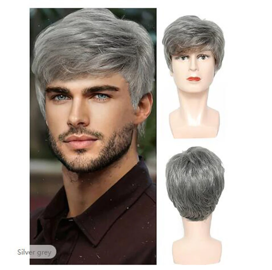 Silver grey Short Synthetic Natural Wave Wig With Bangs For Men Fiber Daily Wear Fashion Male Wig High Temperature Fiber Wigs