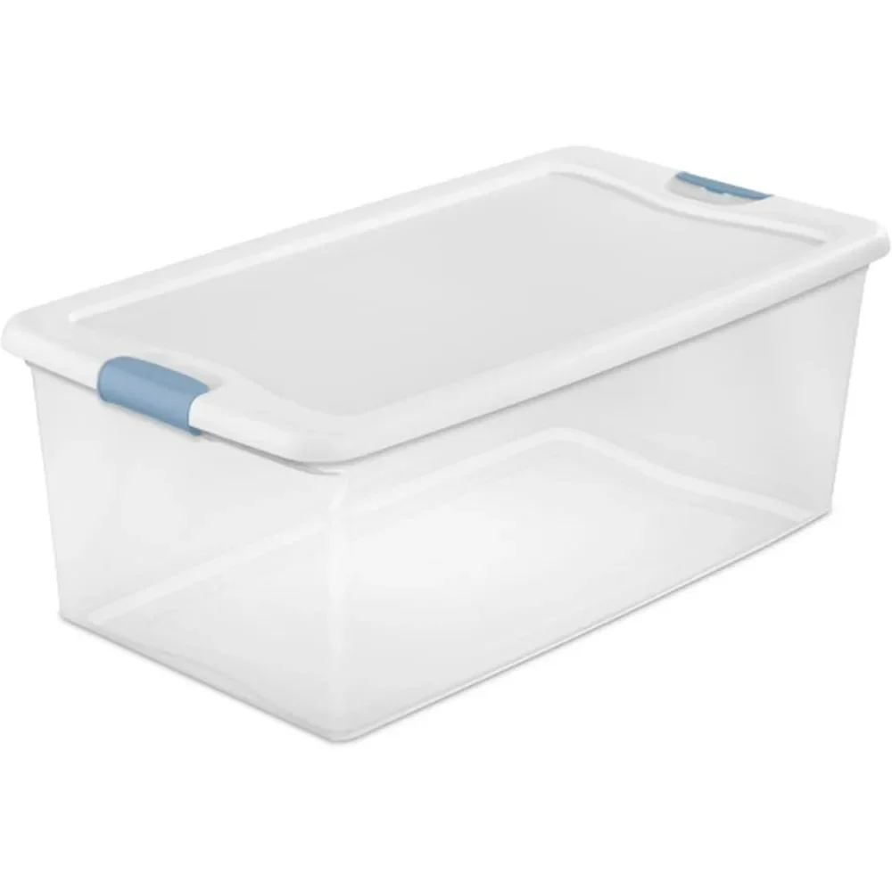 106 Qt Latching Storage Box, Stackable  , Plastic Container to Organize Clothes in Closet, Clear with White Lid, 12-Pack