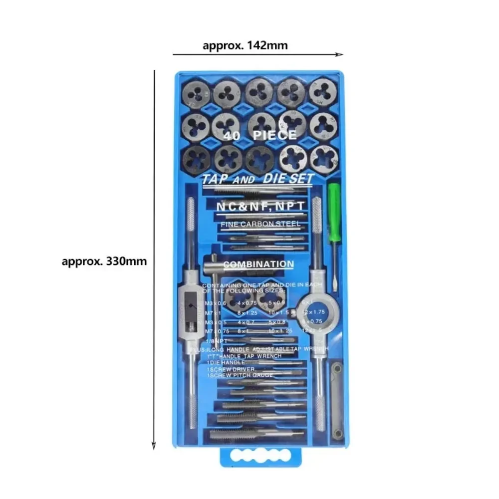 40Pcs Metric Hand Tap and Die Set M3-M12 Screw Thread Plugs Straight Taper Reamer Tools Wrench Threading Hand Tools