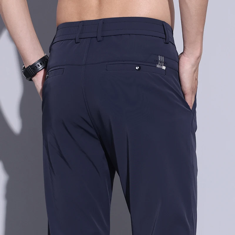 Картина 7: Брюки мужские тонкие прямые повседневные, облегающие эластичные штаны, однотонные брендовая одежда кофейного цвета, лето 2024