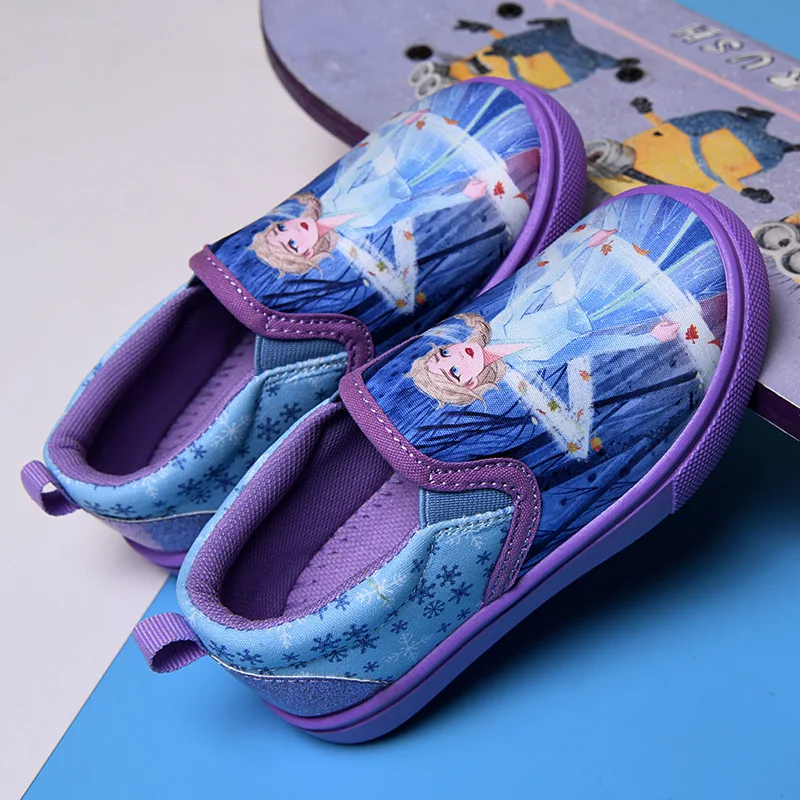 Disney Children\'s Casual Canvas Shoes Cartoon Priness Elsa Pattern Girls\' Cartoon Breathable Shoes Student Blue Shoes Size 26-29