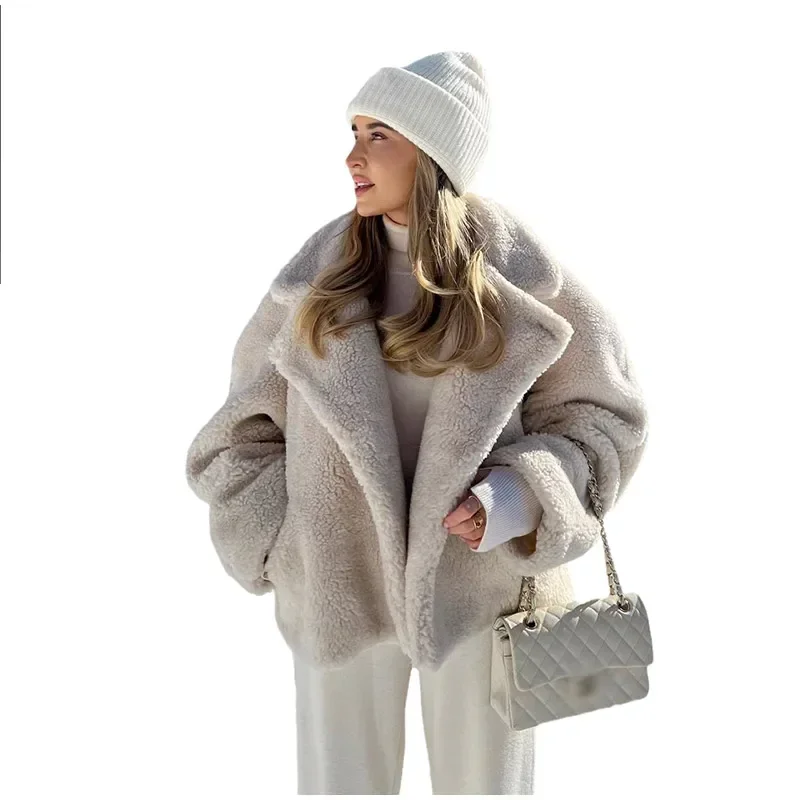 Teplý jehněčí chlupatý kabát pro ženy s dlouhým rukávem a volnými kapsami, podzimní a zimní módní dámský kabát - náhled 5