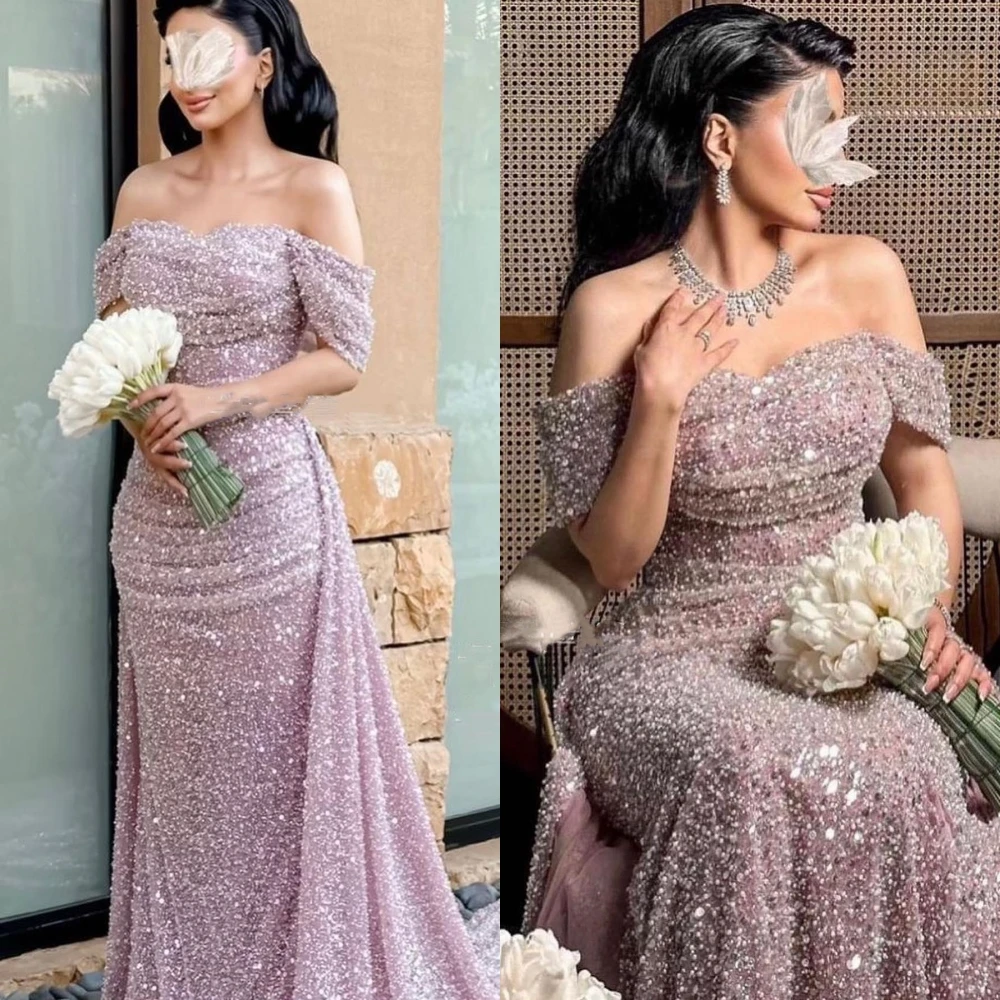 

Evening Saudi Arabia Jersey Sequined Pleat Engagement A-line Off-the-shoulder Bespoke Occasion Gown Long Dresses