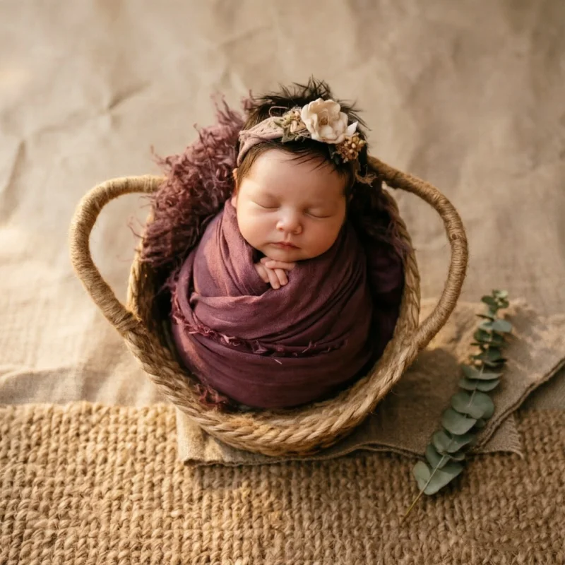 Round Rattan Woven Basket Newborn Photography Posing Nest with Handles Baby Changing Container Photo Prop Basin Frame Supply