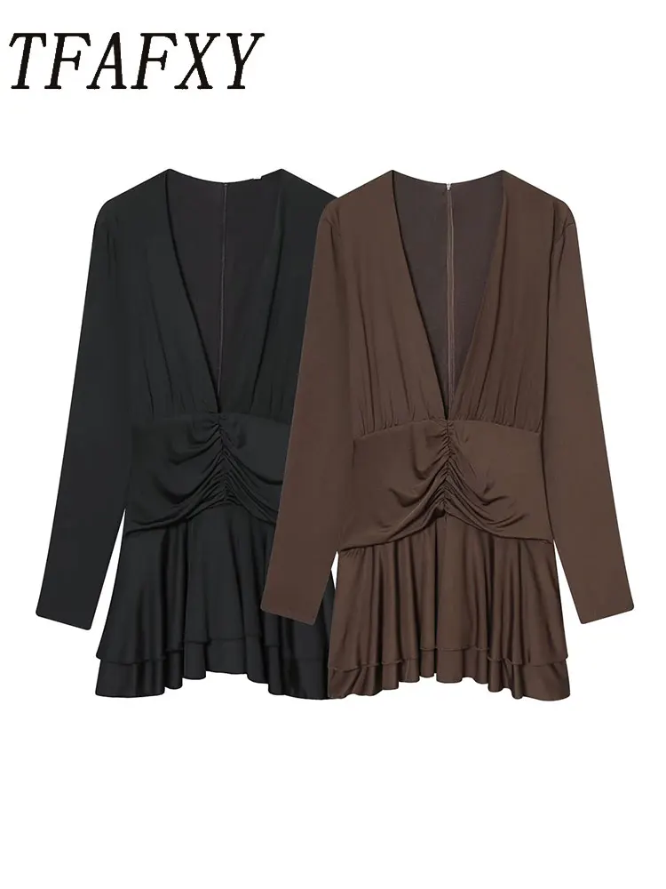 TFAFXY فساتين راقية نسائية 2025 خريف جديد الصلبة مطوي فستان بكم طويل المرأة هايت فستان حفلة الشارع