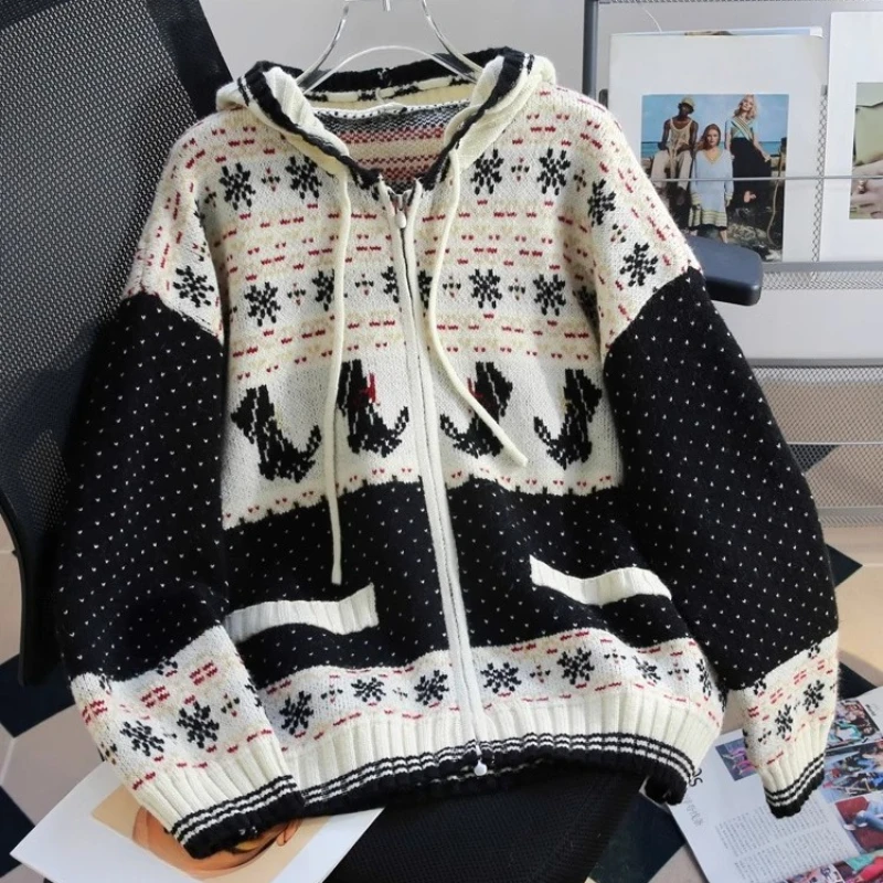 

Korean Fashion Vintage Sweaters Hooded Pockets Zipper Jacquard Contrast Color Cardigan Casual Loose Knit Tops Women's Clothing