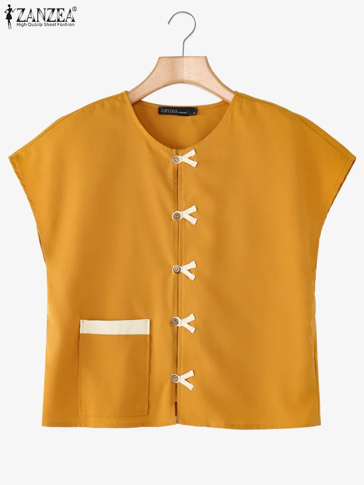 

Большие размеры 5XL ZANZEA, женские рубашки, блузка с карманами и пуговицами, лето 2021, топы с короткими рукавами и круглым вырезом, туника, повседневные свободные корейские блузки